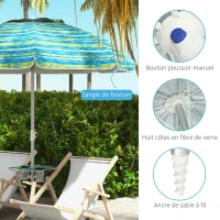 Outsunny Ombrellone da Spiaggia Inclinabile Rotondo con Portabicchieri e Protezione UV50+, 190x190x215 cm, Blu(m-4)