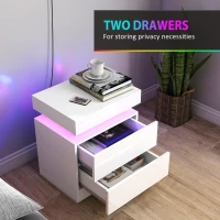 HOMCOM White Bedside Table with LED Light, High Gloss Front Nightstand with 2 Drawers, for Living Room, Bedroom, Set of 2(m-6)