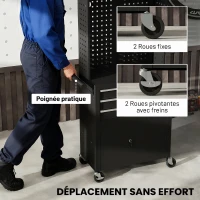 HOMCOM Servante d'atelier en acier à 3 tiroirs, chariot à outils sur roulettes, étagère réglable, panneau perforé, noir(m-7)
