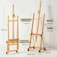 Vinsetto Șevalet Pictură Pliabil cu Roți, pentru Pânze, din Fag, Reglabil, pentru Studio, Artiști, Pictori(m-3)
