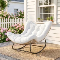 Outsunny Poltrona a Dondolo da Giardino con Cuscino Imbottito, Sedia a forma d'uovo in resina intrecciata, 98x111x74 cm, Crema(m-6)