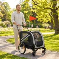 PawHut 2-In-1 Pet Bike Trailer Dog Stroller Pushchair with Universal Wheel Reflector Flag Grey(m-9)