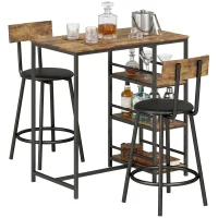 HOMCOM Space Saving Bar Table and PU Leather Stools for 2, 3 Piece Breakfast Bar Table Set with Storage Shelves, Rustic Brown(m-10)