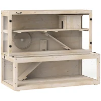PawHut Wooden Hamster Cage with Hut, Wheel, Ramps, Removable Viewing Panels, 100 x 50 x 84 cm, Natural Wood(m-1)