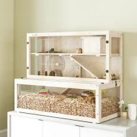 PawHut Wooden Hamster Cage with Hut, Wheel, Ramps, Removable Viewing Panels, 100 x 50 x 84 cm, Natural Wood(m-2)