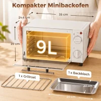 HOMCOM Minibackofen, 9 L Mini-Ofen mit Backblech, Grillrost, mit einstellbarer Temperatur und Garzeit, Edelstahl, Cremeweiß(m-3)