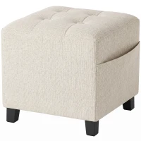 HOMCOM Small Ottoman, Square Footstool with Side Pocket, Rubber Wood Legs and Padded Seat for Living Room, Beige(m-1)
