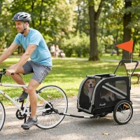 PawHut 2-In-1 Pet Bike Trailer Dog Stroller Pushchair with Universal Wheel Reflector Flag Grey(m-8)