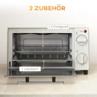 HOMCOM Minibackofen, 9 L Mini-Ofen mit Backblech, Grillrost, mit einstellbarer Temperatur und Garzeit, Edelstahl, Cremeweiß(m-6)