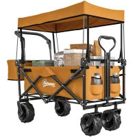 Outsunny 180L Festival Trolley on Wheels, Push & Pull Beach Cart with Removable Canopy, Wide All-Terrain Wheels, Folding Camping Trolley Cart, Adjustable Handle for Garden Fishing Shopping, Orange(m-10)