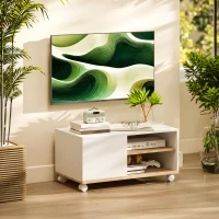 HOMCOM Mueble TV con ruedas y frenos, mueble de TV con armario y estante regulable, Blanco y Roble(m-5)