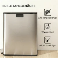 HOMCOM Küchenmülleimer 2 x 28L Edelstahl-Tretmülleimer mit Soft-Close-Deckel, herausnehmbaren Inneneimern(m-6)