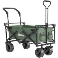 Outsunny Folding Trolley Cart Storage Wagon Beach Trailer 4 Wheels with Handle Overhead Canopy Cart Push Pull for Camping, Green(m-1)