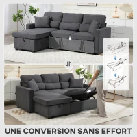HOMCOM Canapé d'angle convertible en velours côtelé, canapé-lit 3 places avec rangement caché, coussins, 205x135x76cm, gris(m-5)