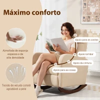 HOMCOM Cadeira de Baloiço de Veludo com Encosto Alto Pés de Madeira Bolsos Apoios de Braços Estilo Moderno  67x94x105 cm Bege(m-5)