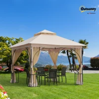 Outsunny 3 x 3 Meters Gazebo Outdoor Patio Party Tent Shelter Garden Canopy Double Tier Sun Shade Steel Frame Beige(m-2)