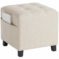 HOMCOM Small Ottoman, Square Footstool with Side Pocket, Rubber Wood Legs and Padded Seat for Living Room, Beige(m-10)