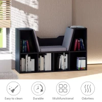 HOMCOM Bookcase Storage Shelf with Cushioned Reading Seat, Cube Bookshelf Organizer for Bedroom Living Room, Black(m-4)