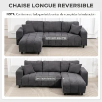 HOMCOM Sofá Chaise Longue Reversible de 3 Plazas 2 Almohadas Tapizado en Lino Marco de Acero 242x156x87 cm Gris Oscuro(m-4)