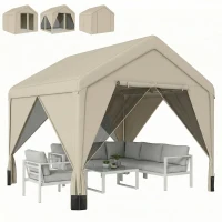 Outsunny 3 x 3 m Patio Gazebo with Netting & Curtains, Outdoor Canopy Shelter with Galvanised Steel Frame, Khaki(m-10)