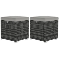 Outsunny Set da 2 Sgabelli da Giardino con Cuscino e Poggiapiedi, Spazio di stoccaggio in rattan PE, 40x40x41 cm, Grigio Chiaro(m-7)