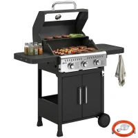 Outsunny Barbacoa de Gas con 3 Quemadores 7,5 kW Termómetro Parrilla Plancha Mesas Laterales Armario Ruedas 125x57x110 cm Negro(m-10)