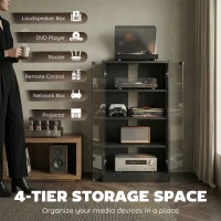 HOMCOM 4-Tier Hi-Fi Stand,  Record Player Stand with Adjustable Shelves and Push-to-Open Glass Doors, Black Wood-Effect(m-4)