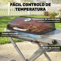 Outsunny Grelhador a Gás Dobrável com Queimador 2,5 kW Tampa Termómetro Mesa Lateral e 2 Rodas Grelha Coletor de Gordura Preto(m-6)