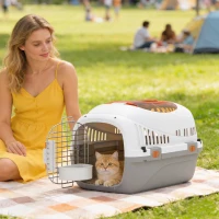 PawHut Plastic Pet Carrier Hard Shell Dog Cat Carrier Max 4 KG Steel Door Feed Bowl Secure Lock 49 x 32 x 31 cm(m-2)