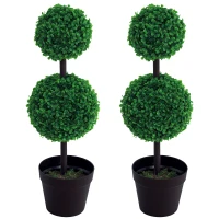 Outsunny Set of 2 Artificial Boxwood Ball Topiary Trees, 67cm Fake Plants in Pot for Outdoor and Indoor Décor(m-10)