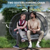 Outsunny Double Hanging Egg Chair 2 Seaters Texteline Swing Hammock Chair with Folding Design, Grey(m-8)