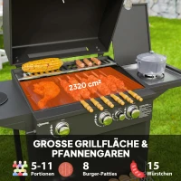Outsunny Gasbarbecue 9,5 KW Grillwagen met 4 Branders, Zijbrander 123 x 57 x 98 cm Zwart(m-4)