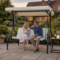 Outsunny 3 Seater Garden Swing Chair, 2 in 1 Convertible Patio Swing Seat Bed with Adjustable Canopy, Cushions and Metal Frame, Outdoor Hammock Bench Chair for Balcony, Terrace, Cream White(m-2)