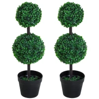 Outsunny Set of 2 Artificial Boxwood Ball Topiary Trees, 67cm Fake Plants in Pot for Outdoor and Indoor Décor(m-1)