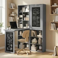 HOMCOM Folding Convertible Desk with Blackboard Multi-function Computer Office Workstation Side Shelf for Home Office, Grey(m-2)