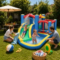 AIYAPLAY Inflatable Bouncy Castle with 550W Blower, Basketball Hoop, Long Slide, Dart Board, Carrying Bag, 385 x 290 x 180 cm(m-2)