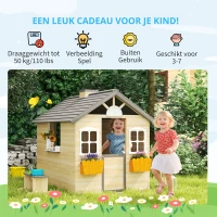 Outsunny speelhuis voor kinderen, houten kinderspeelhuis met raam, brievenbus, buitentuin speelhuis met bloempottenrek, houten speelhuis voor 3-7 jaar, dennenhout, naturel, 113 x 94 x 134,5 cm(m-4)