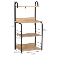 HOMCOM Mobiletto Microonde da Cucina con 4 Ripiani e 4 Ganci, in Acciaio e Legno, 60x40x125 cm, Color Legno(m-3)