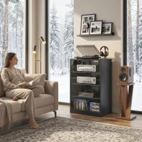 HOMCOM 4-Tier Hi-Fi Stand,  Record Player Stand with Adjustable Shelves and Push-to-Open Glass Doors, Black Wood-Effect(m-2)