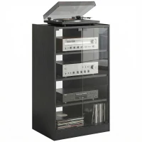 HOMCOM 4-Tier Hi-Fi Stand,  Record Player Stand with Adjustable Shelves and Push-to-Open Glass Doors, Black Wood-Effect(m-10)