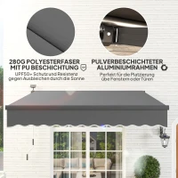 Outsunny Vrijstaande Luifel met Handkruk Solar-LED Verlichting UV 50+ 300 cm Breed Grijs(m-5)