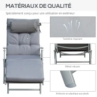 Outsunny Bain de Soleil Pliable transat inclinable 7 Positions Chaise Longue avec dossier, coussin et appui-tête + accoudoirs métal époxy textilène Polyester, Charge 165 kg, pour jardin, piscine, Gris(m-7)