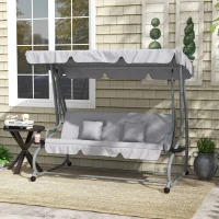 Outsunny Balancín de Jardín Exterior de 3 Plazas Convertible en Cama con Toldo Ajustable y 2 Almohadas Carga 340 kg Gris(m-2)