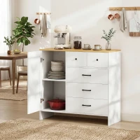 HOMCOM Buffet Cozinha, Móvel de Arrumação com 5 Gavetas e Porta, Estilo Rústico, 100 x 40 x 94 cm, Branco(m-2)