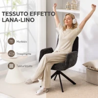 HOMCOM Poltroncina Girevole da Camera da Letto in Tessuto Effetto Lino o con Gambe Angolate in Acciaio, Nero(m-6)
