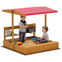 Outsunny Caixa de Areia de Madeira para Crianças com Toldo Regulável e Brinquedos de Cozinha para Crianças de 3-7 Anos 114x110x110 cm Vermelho(m-10)