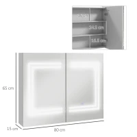 kleankin Specchio Bagno Contenitore con Luce LED, 80 x 65cm Mobile Bagno con Specchio, Anta Soft Close, Dimmerabile a 3 Colori, Ripiani Regolabili, Bianco Lucido(m-3)