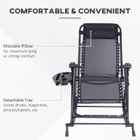 Outsunny Foldable Garden Rocking Chair, Outdoor Recliner Sun Lounger with Breathable Mesh Fabric, Zero-Gravity Seat with Headrest and Cup Holder Tray, Black(m-5)