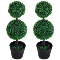 Outsunny 2er-Set Kunstpflanze, Künstliche Pflanzen im Kugeldesign, Kunstbaum im Zementtopf, Kunststoff-Pflanze, Grün+Schwarz(m-10)