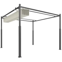 Outsunny Tuin Pergola, 3 x 3 m, Uitschuifbaar Dak en Magneetpad, Buiten Luifel, Tuinpaviljoen, UPF30+, Metaal, Crèmewit(m-1)